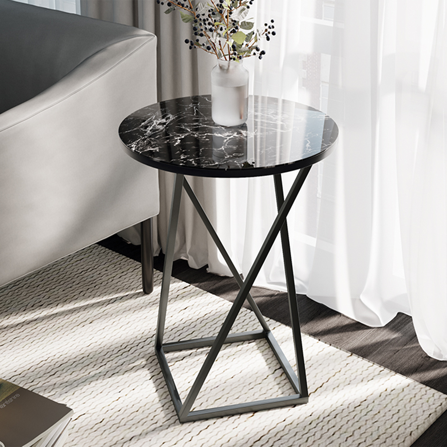 Столик журнальный ДП-1-03-05 исп.2 стекло с рисунком ЧЕРНЫЙ МРАМОР+каркас черный*1