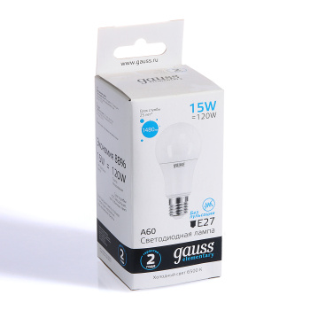 Лампа светодиодная Gauss Elementary, Е27, груша A60, 15 Вт, 148 Лм, 6500 К, холодный белый