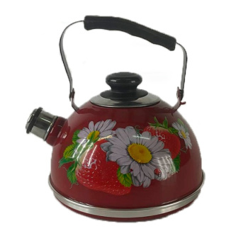 Чайник эмалированный со свистком 2,5л декор "Клубника с ромашкой" Бордовый TM04/25/01/05 *1/4