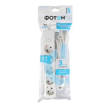 Удлинитель 5 розеток 3м с/з выкл ПВС 3*1мм2 16А мощ.нагр 4000Вт 16-35ЕS Фотон 21208 *1/20