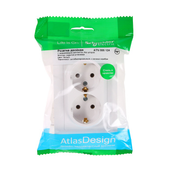 Розетка "ATLAS DESIGN" СП 2-мест. белая с/з в сборе 16А SchE ATN000124 *1/10/60