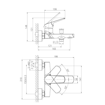 Смеситель д/ванны Cersanit FLAVIS + душ. лейка, шланг, держатель д/лейки 64509 *1