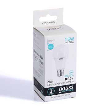 Лампа светодиодная Gauss Elementary, Е27, груша A60, 15 Вт, 1450 Лм, 4000 К, нейтральный белый