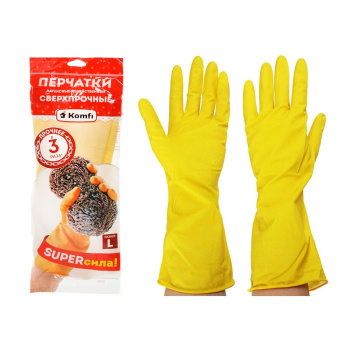 Перчатки латексные Свехпрочные, Удлиненные L (большой) 1пара Желтые PLSHS3 "Komfi" *12/144